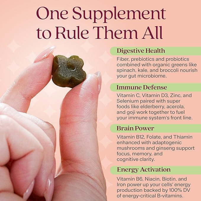 Rizz Low Sugar Green Gummies - 60+ Superfoods 6g Fiber - Prebiotic and Probiotic Gummies - Vegan Multivitamins for Women &amp Men - Gluten Free - Mushroom Fruit and Vegetable Supplements - 30 Day Su