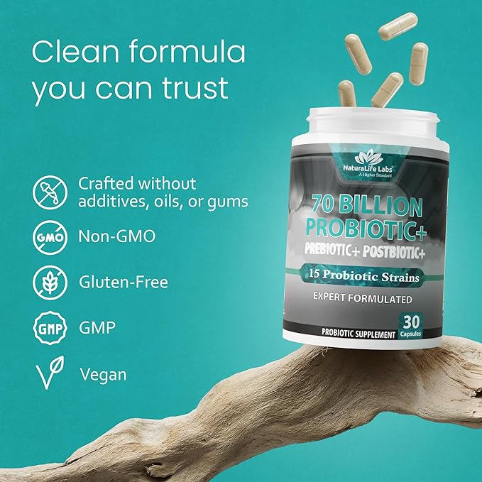 NaturaLife Labs Probiotics 70 Billion CFU – 15 Strains with Organic Prebiotic &amp Postbiotic – 3-in-1 Formula – 30 Vegan Capsules (2 Pack)