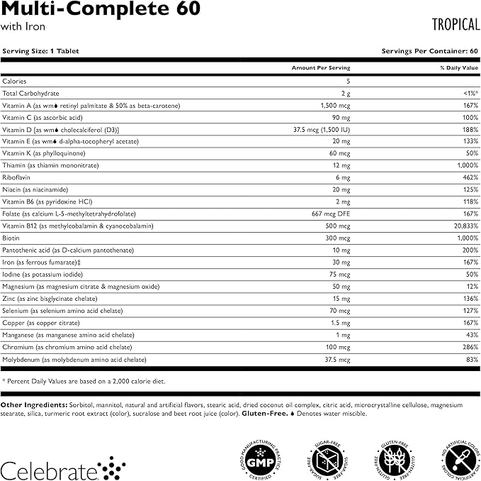 Celebrate Vitamins Multi-Complete Chewables 60mg Iron – Daily Bariatric Multivitamin for Sleeve Gastrectomy &amp Gastric Bypass Surgery Patients – Essential Vitamins &amp Minerals - Tropical (60 Ta
