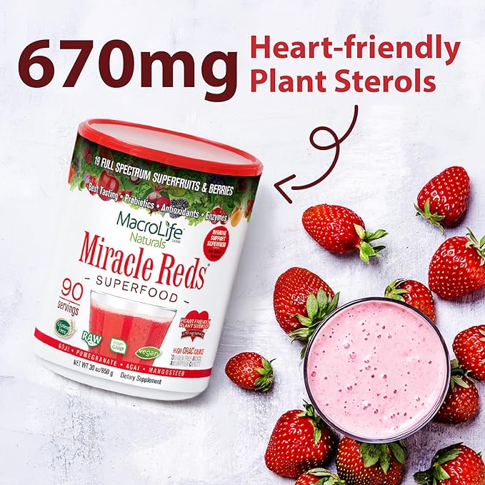 MacroLife Naturals Miracle Reds Superfood Powder 19 Blended Fruit &amp Berry Polyphenols Enzymes Probiotics &amp Antioxidants Supplement - Raw Non-GMO &amp Vegan Whole Food Vitamins - 30oz (90 Serv