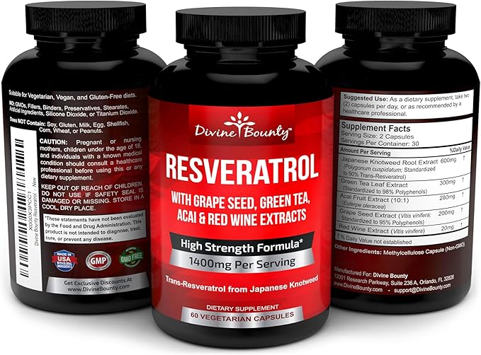 Resveratrol Supplement - 1400mg Extra Strength Formula with Grape Seed Extract Green Tea Extract Red Wine Extract - 60 Veggie Capsules