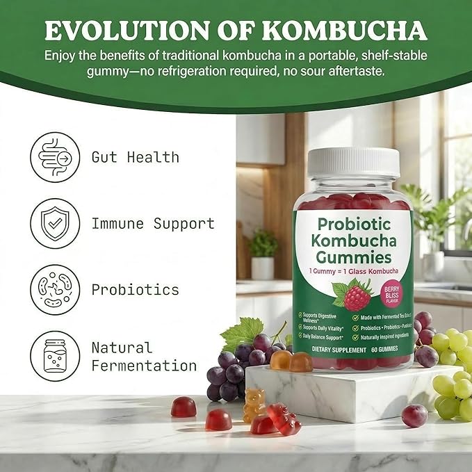 Kombucha Probiotic Gummies with Prebiotics &amp Postbiotics for On-the-Go Gut Balance Kombucha Inspired Digestive Support Berry Flavor 60 Gummies
