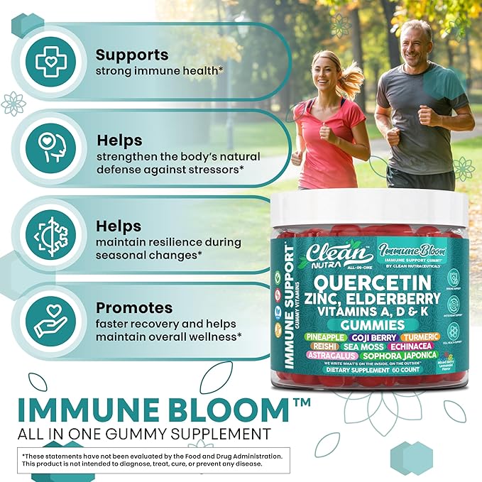 Clean Quercetin Elderberry Immune Support Gummies | Zinc Vitamin K2 D3 A Bromelain Goji Berry Turmeric Sea Moss Echinacea Astragalus Selenium Olive Leaf Immunity Supplement Gummy Vitamins