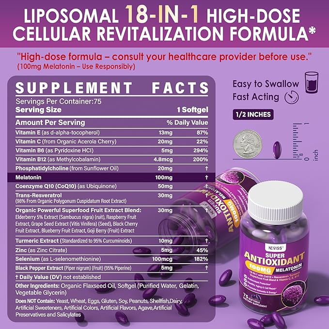 Melatonin 100mg for Antioxidant &amp Cognitive Health Ultra High Dose Melatonin with CoQ10 Turmeric Trans-Resveratrol Vitamin B12 C E for Brain Anti-Aging Cellular Repair and Energy 75 Softgels