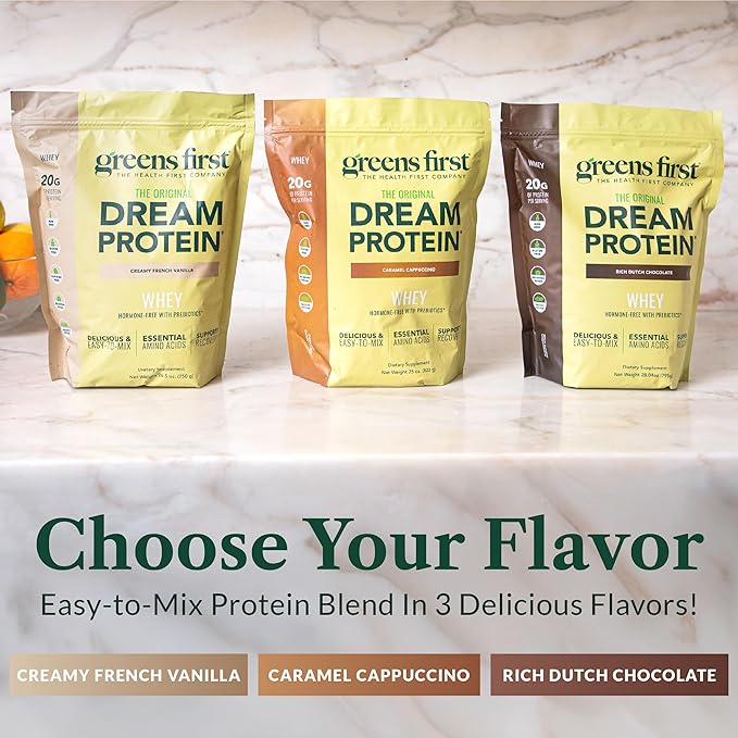 Greens First Dream Protein Powder Whey - 20g Protein Per Serving - Hormone-Free with Prebiotics - Non-GMO - No Artificial Sweeteners/MSG/Aspartame (Caramel Cappuccino 25 oz)