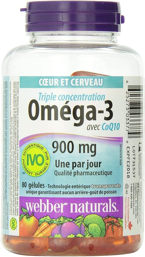 Webber Naturals Triple Strength Omega-3 with CoQ10 enteric coated 900 mg Omega-3 (EPA ? DHA)/ 100 mg CoQ10 80caps by Webber Naturals
