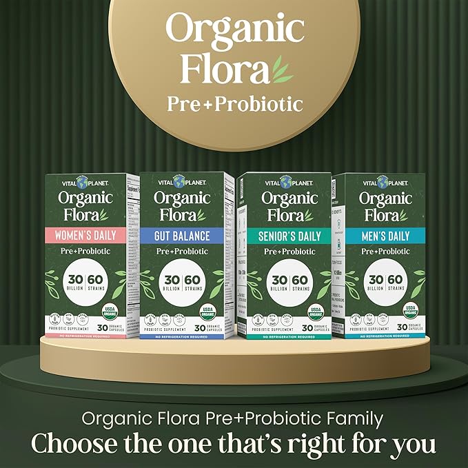 Vital Planet - Organic Flora Probiotics for Women Women's Daily Shelf Stable Probiotic 30 Billion CFU 60 Diverse Strains Prebiotic Organic Mushroom Blend Immune and Digestive Health 30 Capsules