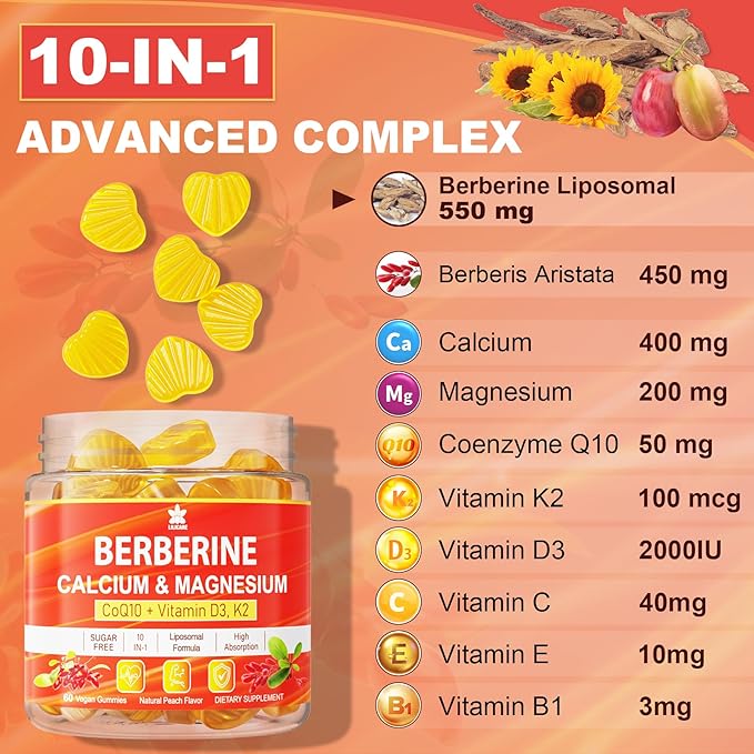 Berberine Supplement Gummies Sugar Free Extra Absorption with Liposomal Berberine &amp Berberine HCI Calcium Magnesium AMPK Activitor for Sugar &amp Level Immune Energy Metabolism -Pack of 2
