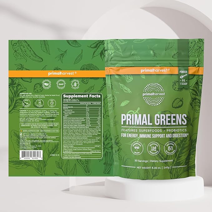 Primal Harvest Greens Powder &amp Vision Supplements for Women and Men Vision and Eye Support Complex with Lutein Zeaxanthin Bundle