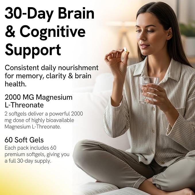 Magnesium L-Threonate Supplement 2000mg Soft Gels for Better Sleep - Brain Supplements for Memory and Focus - High Absorption Muscle and Brain Support - Stress Relief - 60 Count