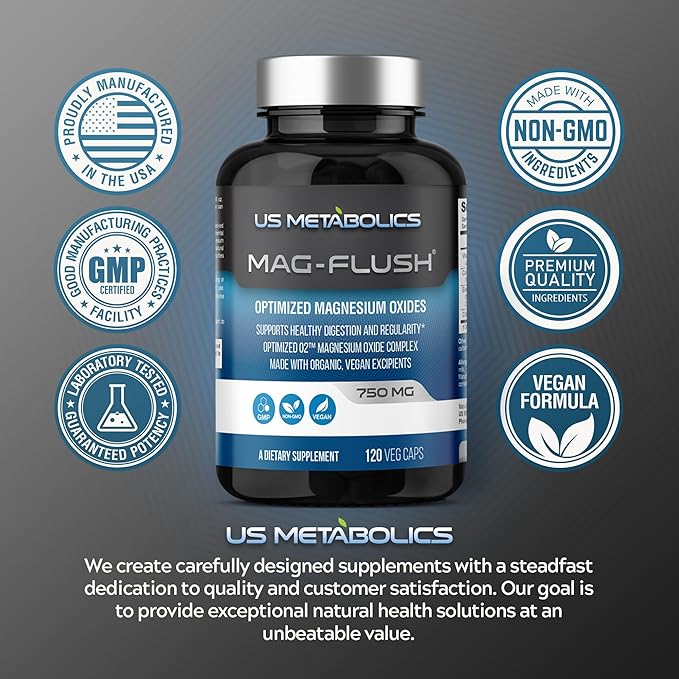 Mag Flush Magnesium Oxide Capsules 750mg 120 Vcaps - Oxygenated Magnesium Oxide Supplement for Constipation Relief Colon Cleanse Laxative and Digestion Support for Women and Men