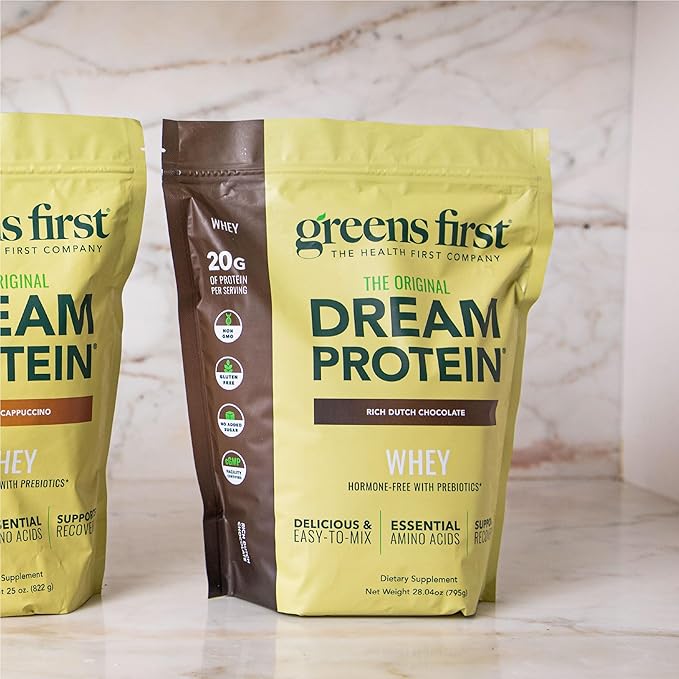 Greens First Dream Protein Powder Whey - 20g Protein Per Serving - Hormone-Free with Prebiotics - Non-GMO - No Artificial Sweeteners/MSG/Aspartame (Rich Dutch Chocolate 28.04 oz)