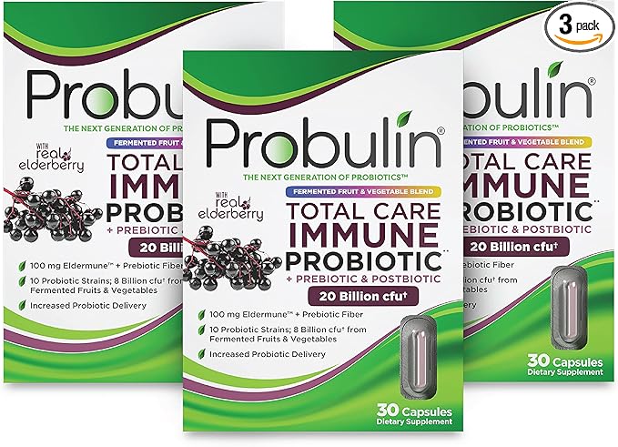 Probulin Total Care Immune = Prebiotics + Probiotics + Postbiotics + Elderberry to Support Immune &amp Gut Health - 20 Billion CFU - 10 Strains - 30 Vegan Capsules (Pack of 3)
