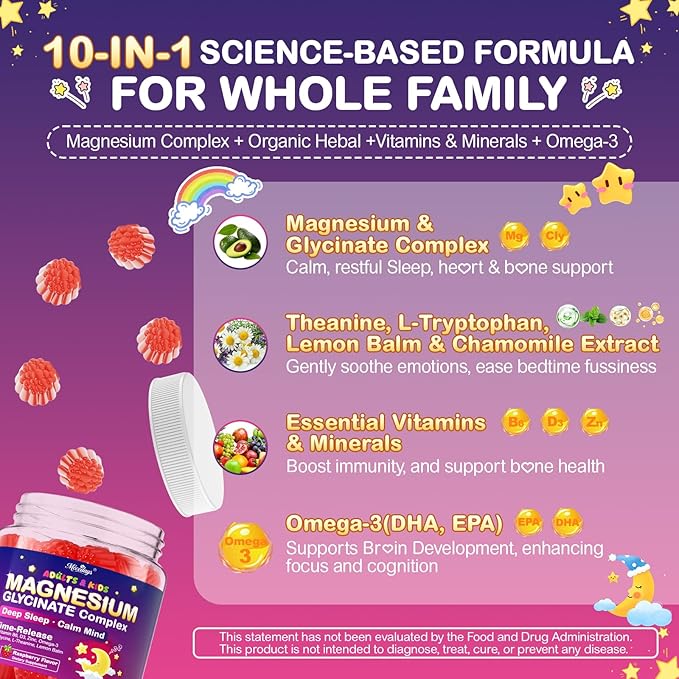 Magnesium Glycinate Gummies for Kids 4+ &amp Adults 180 Counts No Melatonin Magnesium Gummies for Sleep &amp Calm Sugar Free Vegan with Glycine L-Theanine B6 D3 Zinc &amp Omega 3 - Raspberry