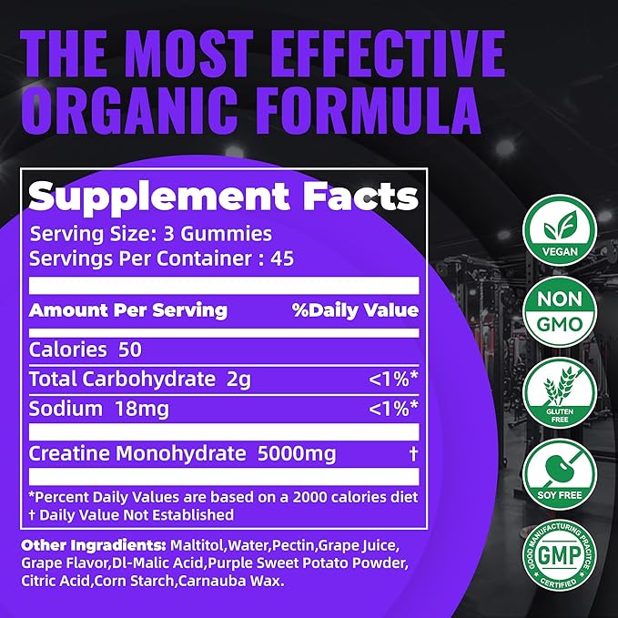 Creatine Monohydrate Gummies – Pre-Workout Energy &amp Muscle Growth Support for Men &amp Women | Grape Electrolyte Gummies (135 Count)