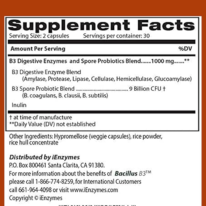 Bacillus B3 Probiotic Complex &amp Enzymes – 100% Spore-Based Organisms - SBO - Better Survivability - Bacillus Coagulans Bacillus Subtilis &amp Bacillus Clausii - Non GMO - 60 Capsules