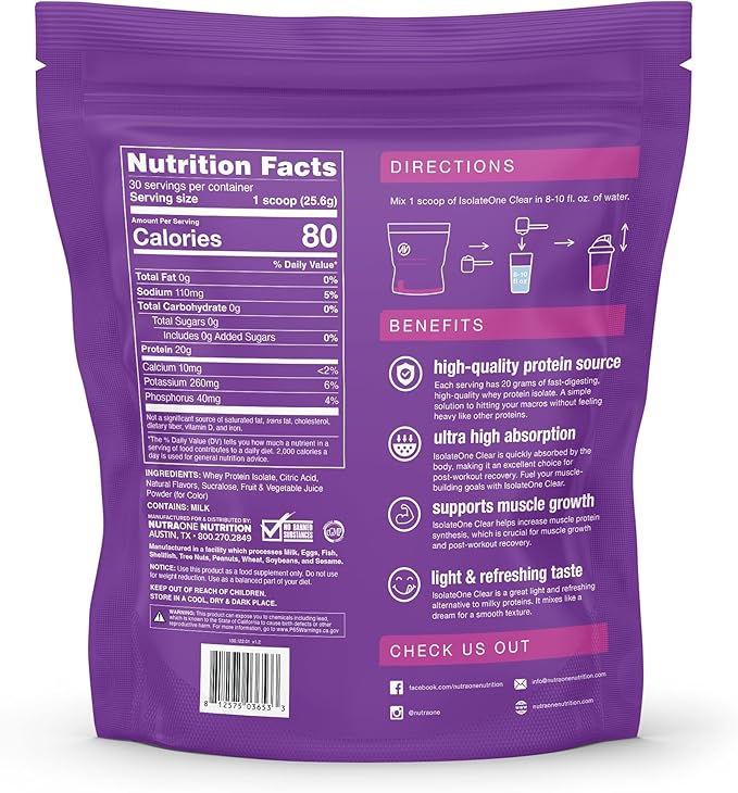 NutraOne Clear Whey Protein Powder Drink Mix Naturally &amp Artificially Flavored Clear Protein Drink 20g of Protein Zero Sugar (Sour Grape - 30 Servings)