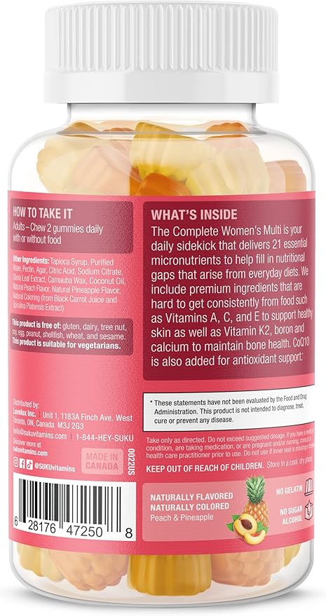 SUKU Vitamins - Complete Women's Multi - with Boron Vitamin K2 B12 A and More for Women Health - Easy to Chew - Non GMO Gluten Sugar Free - Pineapple &amp Peach Flavored Gummy Vitamins 60 Count