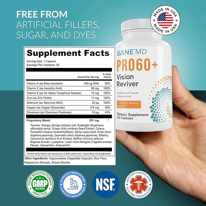 SANE MD PRO60+ Vision Reviver™ – Eye Supplement for Adults 60+ with Lutein Zeaxanthin &amp Astaxanthin – 30 Capsules