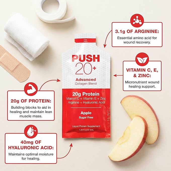 PUSH 20+ Advanced Collagen Blend Apple Flavor 20g Liquid Protein with Arginine Vitamin C E Zinc and Hyaluronic Acid Supports Wound Healing &amp Recovery Single-Serving 1.25 oz Packets Case of