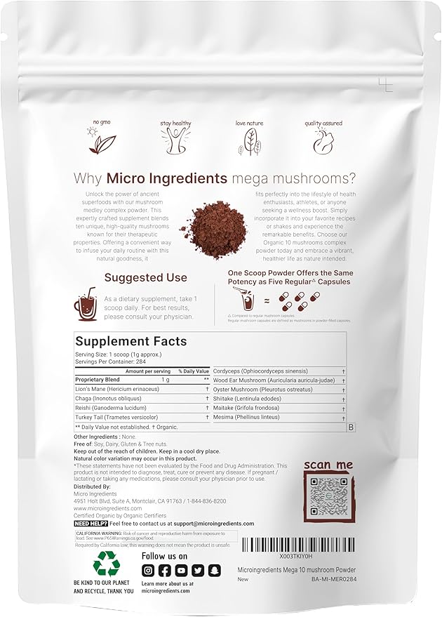 Micro Ingredients Organic Mega Mushroom Powder10 Ounce (284 Days Supply) | 10 in 1 Complex Formula for Immune System Booster | Chaga Lions Mane Cordyceps Reishi &amp More | Filler Free Vegan
