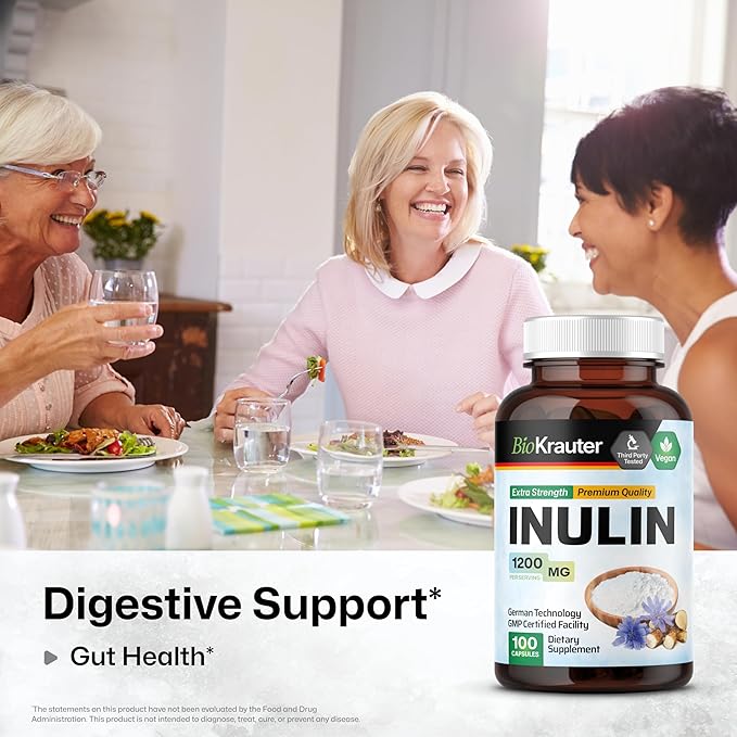 BIO KRAUTER® Inulin Powder from Chicory Root in Capsules 1200 mg per Serving 100 Count - Vegan &amp Pure Inulin Prebiotic Fiber for Gut &amp Digestive Support - No Fillers Non-GMO - 16 Days of Supp