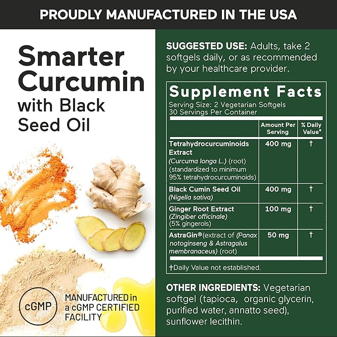 SMARTERNUTRITION Curcumin Softgels - Vegan High Absorption 400 mg Curcumin Supplement Standardized to 95% Tetrahydrocurcuminoids + Black Seed Oil &amp Ginger for Joint &amp Immune Health - 180 Ct