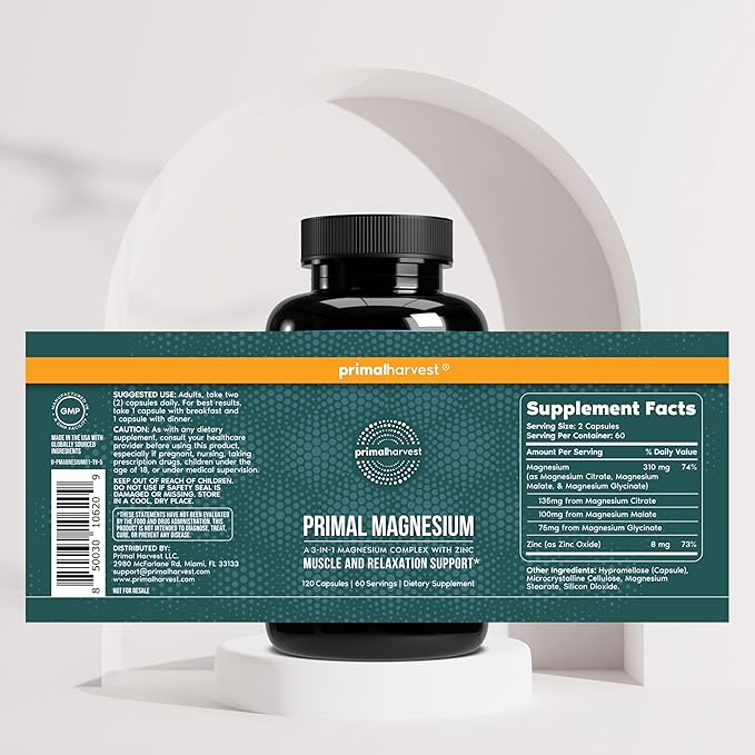 Magnesium Supplement Complex 310mg by Primal Harvest with Magnesium Glycinate Citrate Malate and Zinc 120 Capsules