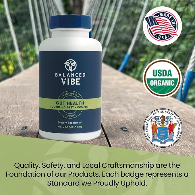Balanced Vibe Gut Health Supplement – Digestive Comfort &amp Gut Support for Better Nutrient Absorption – Plant-Based with L-Glutamine and Triphala – Vegan 90 Capsules