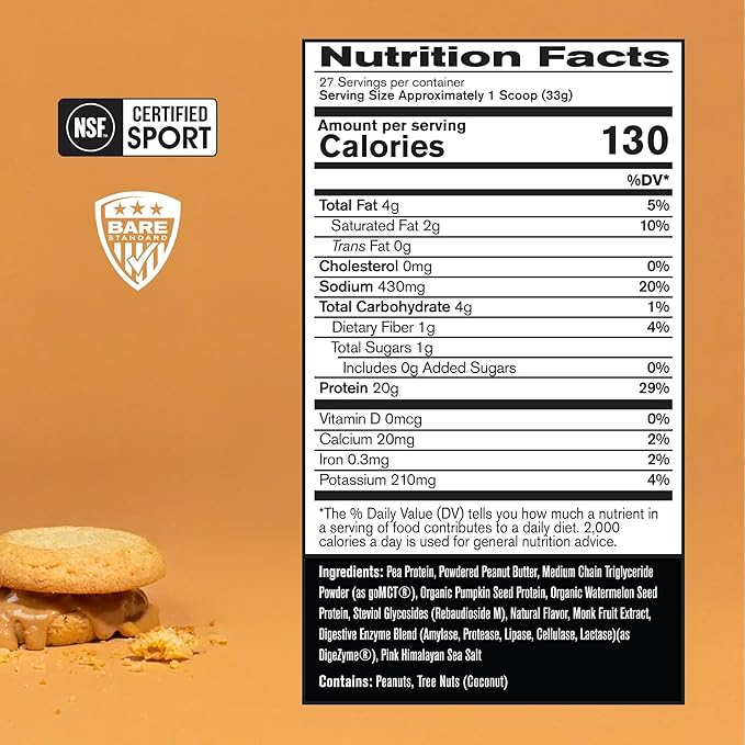 BARE PERFORMANCE NUTRITION Vegan Protein Plant Based Protein Pea Protein Watermelon and Pumpkin Protein Naturally Sweetened and Flavored (27 Servings Peanut Butter Cookie)