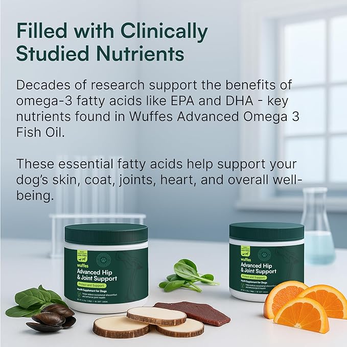 Wuffes Advanced Dog Hip and Joint Supplement with Glucosamine Chondroitin Omega 3 MSM and Green Lipped Mussel 60 Pork Flavored Chews for Small and Medium Dog Breeds