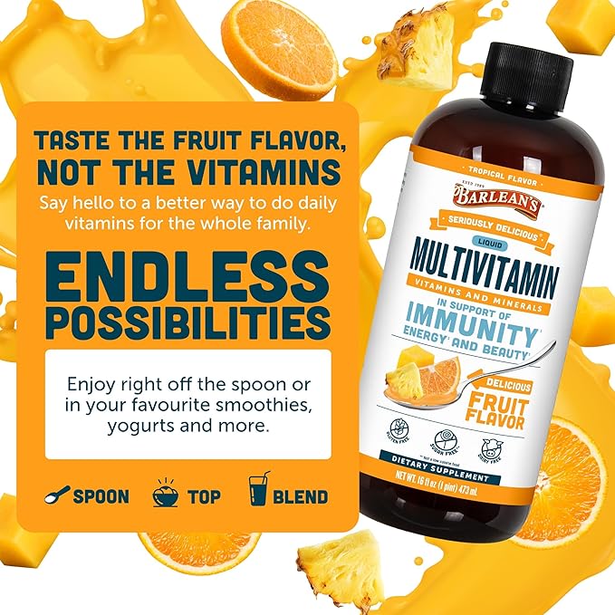 Barlean's Liquid Multivitamin for Women Men &amp Kids 21 Essential Vitamins &amp Minerals Includes Biotin B-Complex Vitamins C D3 &amp K2 Smoothie-Like Daily Supplement Tropical Flavor 16