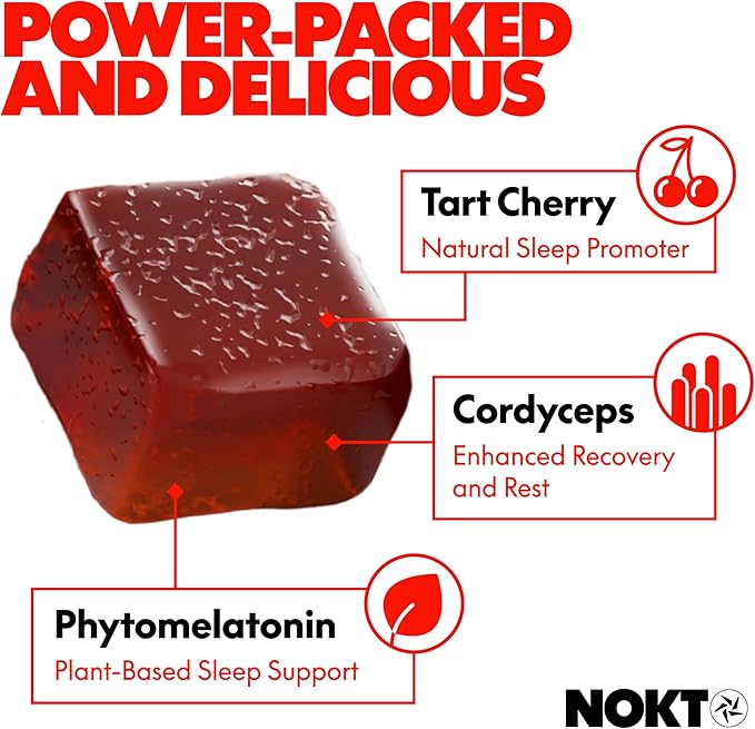 NOKT Sleep Gummies - Tart Cherry &amp Vegan Melatonin Sugar-Free Gluten-Free Nutritional Supplement 30 Gummies Tart Cherry Flavor Gummy Form Deep Restorative Sleep Support