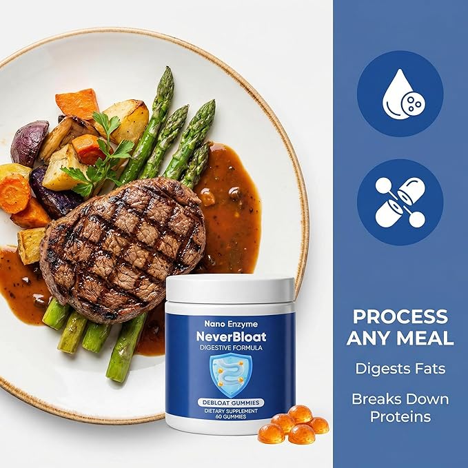 Nano Digestive Enzyme Gummies with Probiotics – NeverBloat Formula for Daily Digestive Support Helps Relieve Bloating &amp Gas Chewable Enzyme Complex - 60 Gummies