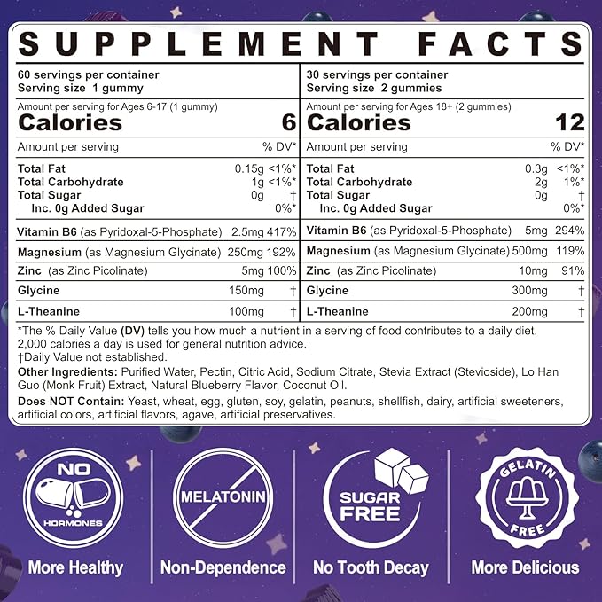 Magnesium Glycinate Gummies for Kids 6+ &amp Adults Kids Magnesium Sleep Aid Gummies 500mg/250mg with L Theanine B6 Glycine Zinc for Sleep Calm Relax Brain Muscle Melotonin Free Sugar Free