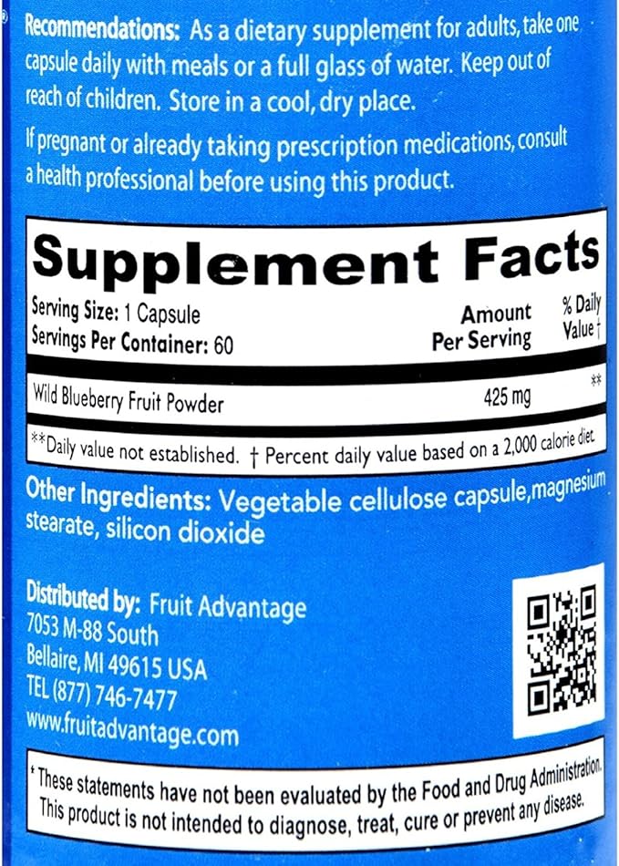 Wild Blueberry Dietary Supplement (2-Pack) All Natural Brain Support Antioxidant : 60 Vegetarian Capsules 425 mg