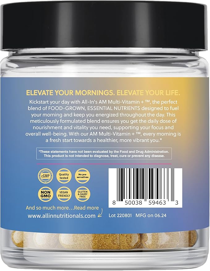 All In Nutritionals AM Multi-Vitamin +: Vegan Food-Based Multivitamin with Vitamin D3 K2 B12 Iron and Ionic Fulvic Acid