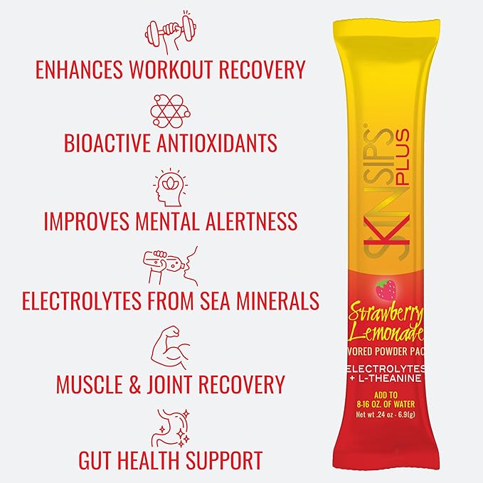 Plus Electrolyte Powder Drink Mix with L-Theanine Strawberry Lemonade Hydration &amp Recovery Supplement Antioxidant Drink 20 Packets