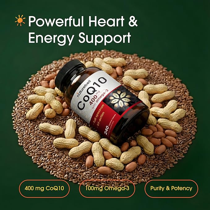NatureBell CoQ10 400mg with Omega-3-240 Capsules - Antioxidant Supplement for Heart &amp Energy Health Support - Supports Cellular Energy* - Extra Strength Coenzyme Q10