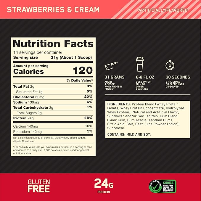 Optimum Nutrition Gold Standard 100% Whey Protein Powder Strawberries and Cream 1 Pound (Pack of 1)