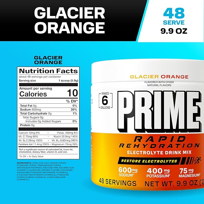 Prime Rapid Rehydration Electrolyte Powder Glacier Orange Sugar Free Hydration Drink Mix with Sodium Potassium Magnesium &amp B Vitamins to Replenish Fluids Caffeine Free 6 Gallon Tub 48 SRV