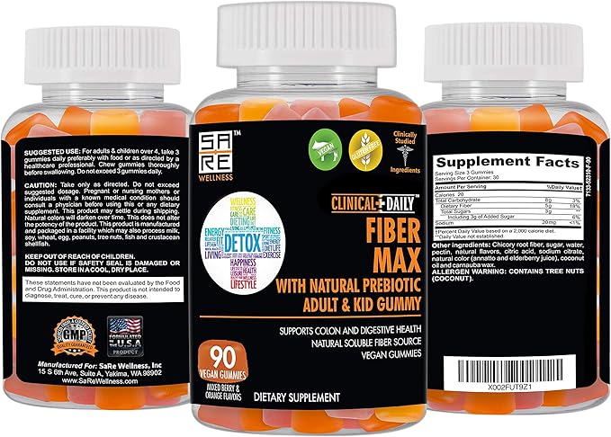 CLINICAL DAILY Fiber Max Vegan High Fiber Gummies for Adults &amp Kids. Constipation Relief for Adults and Kids. Prebiotic Inulin Fiber Supplement Gummies. 90 Gluten-Free Laxative Gummies for Gut Re