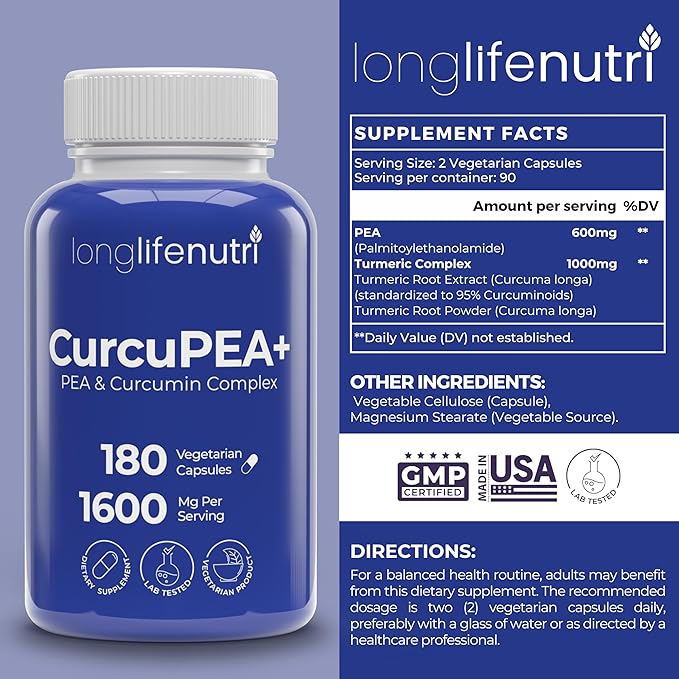 LongLifeNutri R-Alpha Lipoic Acid 300 mg + CurcuPEA+ (Palmitoylethanolamide + Turmeric Complex 600/1000 mg) Bundle - 120-180 Capsules Cellular Energy &amp Natural Antioxidant GMP Certified Made in