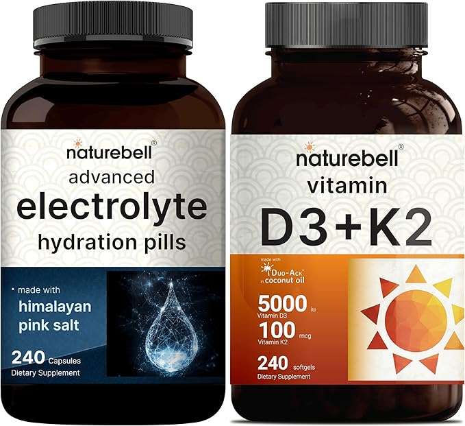 NatureBell Vitamin D3 5000 K2 (MK7) with Virgin Coconut Oil &amp &amp Advanced Electrolyte Hydration Pills Bundle Pack | Bioavailable Virgin Coconut Oil Softgels | Fast Hydrating Keto Electrolytes