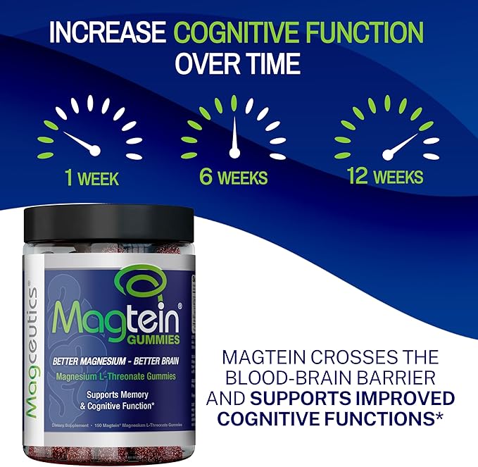 Magtein Gummies - Magnesium L-Threonate Gummy Brain Support Focus Supplement Boost Memory &amp Cognitive Function - 150 Vegan Gummies