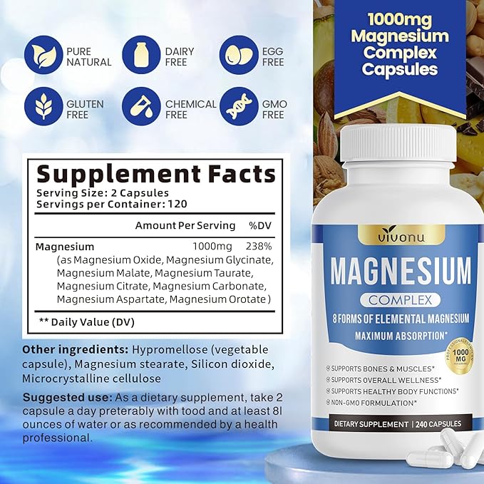 1000mg Magnesium Complex Capsules 8-in-1 Magnesium Glycinate Citrate Malate Taurate Oxide Carbonate Aspartate Orotate - 240 Capsules
