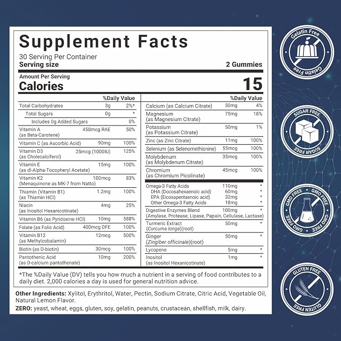 Mens Multivitamins Gummies with Vitamins A C D K E B Complex Omega-3 Digestive Enzymes Lycopene Calcium Magnesium Zinc - Support Brain Muscle Energy Sugar Free Vegan 60Cts