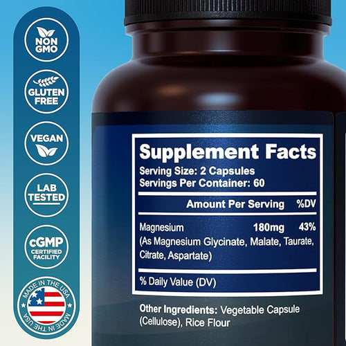 5-in-1 Magnesium Complex - High Absorption - Chelated Magnesium Glycinate Malate Citrate Taurate &amp Aspartate for Nerves Muscles Bones | 120 Capsules | Magnesium Supplement