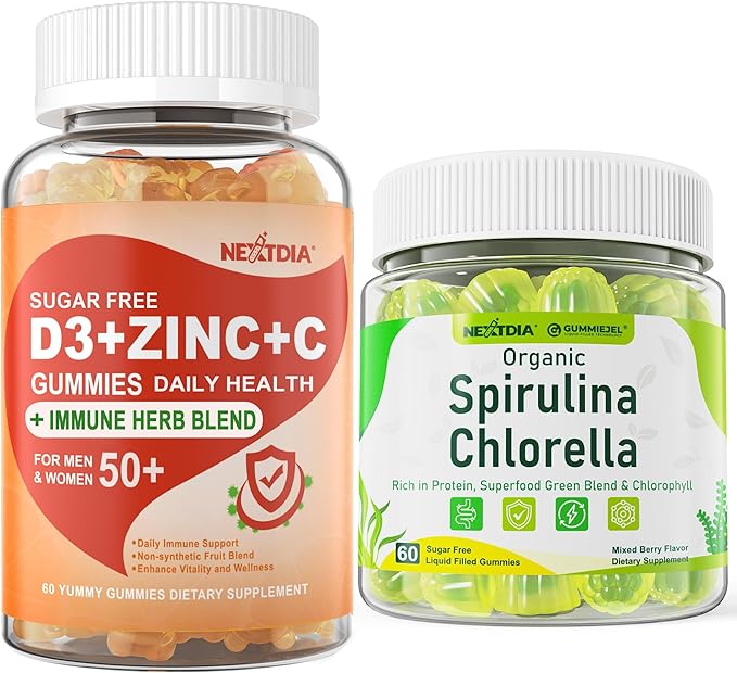 Sugar Free Organic Spirulina Chlorella Gummies 1 Pack + Vitamin C + D3 + Zinc Gummies 2 Pack