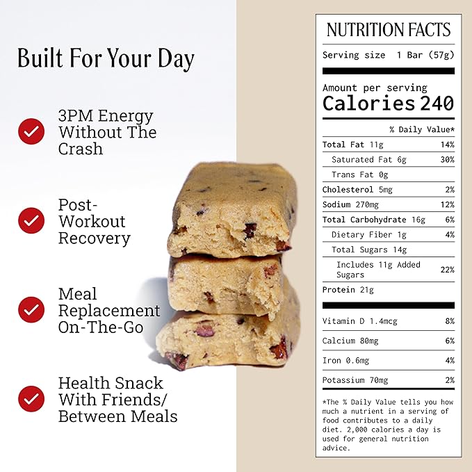 PRIMA Ancestral Protein Bar – Clean Grass Fed Protein Bar with Whey Collagen Honey and Coconut – 21g Protein No Preservatives or Seed Oils – Cookie Dough - 7 Pack